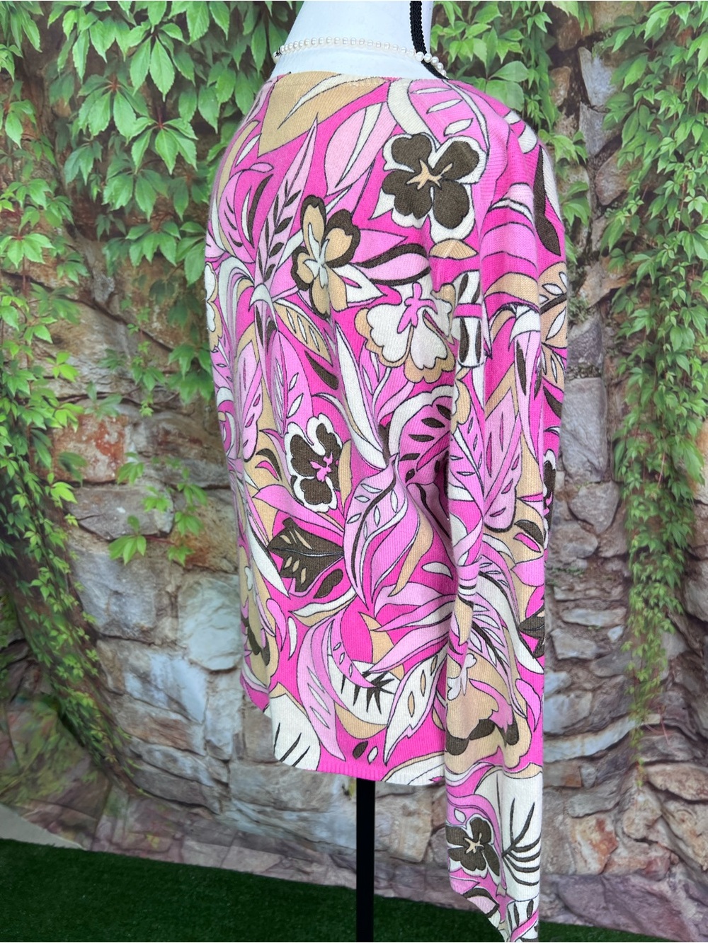 KINROSS Pink Floral Pattern 100% Cashmere Luxury Mod Crewneck Sweater, L - Picture 8 of 11